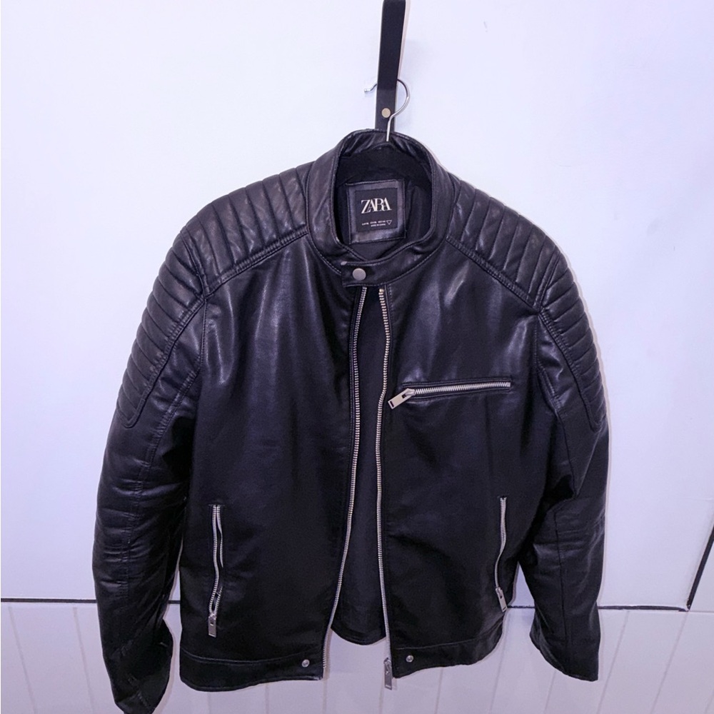 Zara Black Leather Bomber Jacket